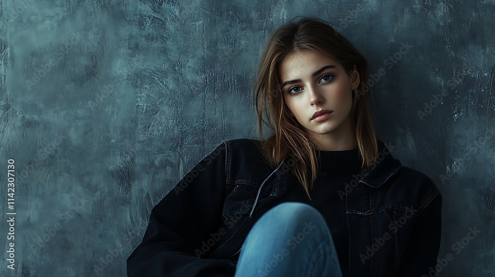 Female model in streetwear fashion posing in a textured studio setup