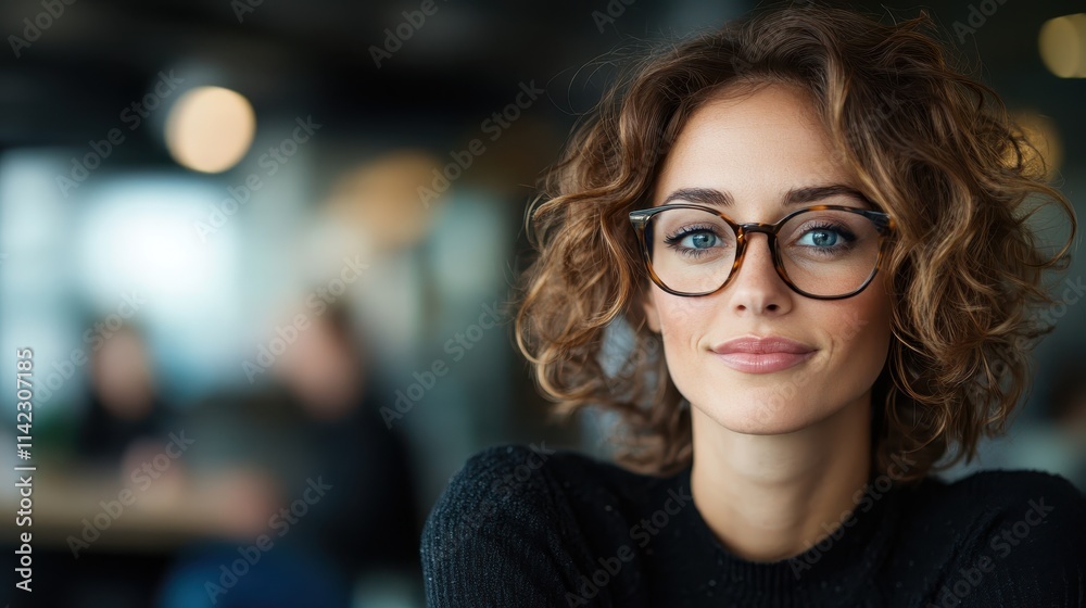 A woman with short curly hair and glasses looks directly into the camera in a blurred background indoor setting, expressing calmness and self-assuredness. A woman with short curly hair and glasses looks directly into the camera in a blurred background indoor setting, expressing calmness and self-assuredness.