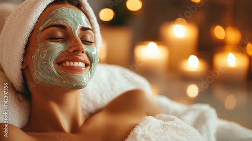 A joyful woman with a green facial mask smiles contentedly in a warmly lit spa room, symbolizing happiness, self-care, and rejuvenation in a tranquil setting.