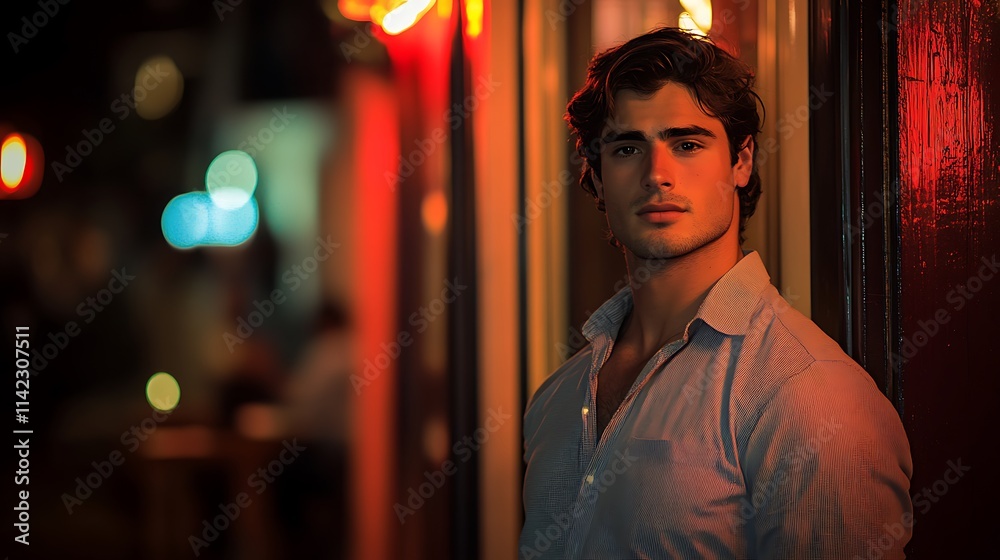 Argentine male model in casual clothes, standing outside a tango club in Buenos Aires