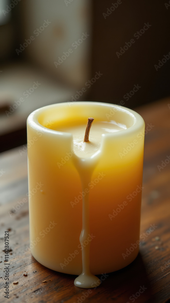 A yellow candle with melted wax on its side, sitting on a table. A yellow candle with melted wax on its side, sitting on a table.
