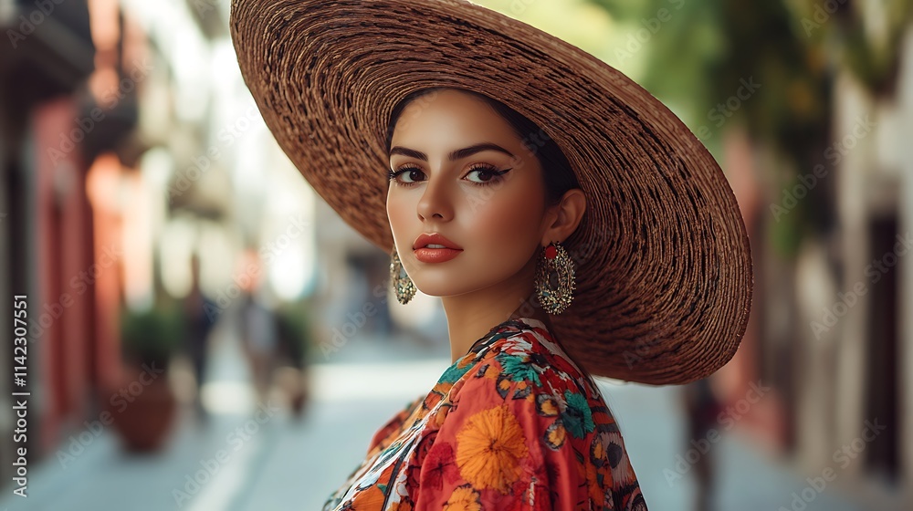 Mexican female model in sombrero, standing at historic center of Mexico City, cultural portrait