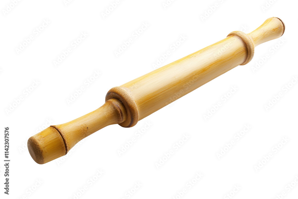 Wooden rolling pin rests on a clean surface, ready for baking in a cozy kitchen Wooden rolling pin rests on a clean surface, ready for baking in a cozy kitchen