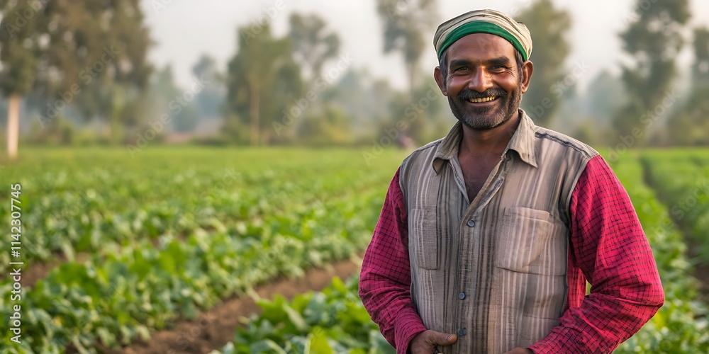 Portrait of a farmer standing proudly in a field with crops in the background, smiling, portrait shot