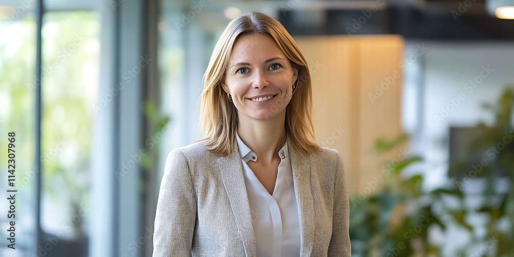 Portrait of a female green energy consultant standing confidently in an office, smiling