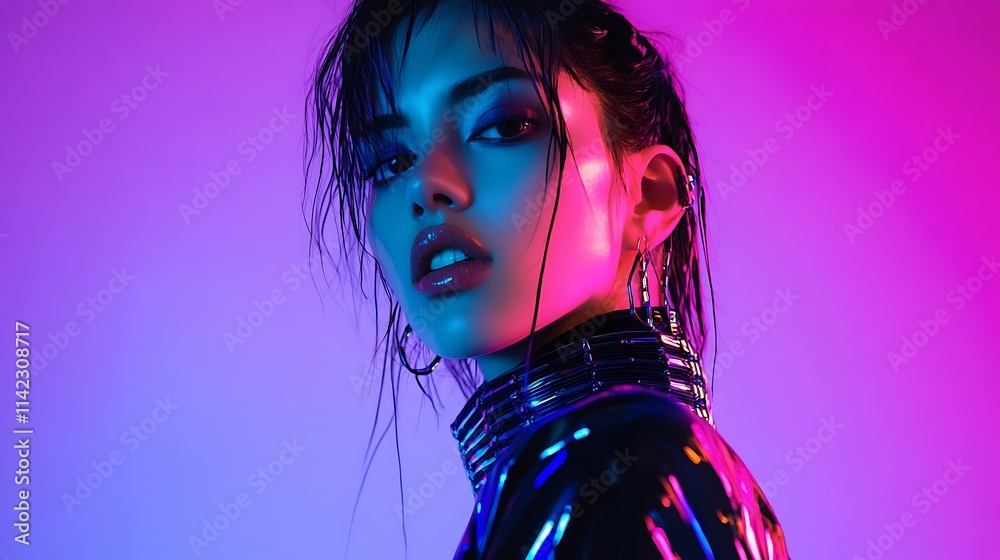 Female model in a futuristic cyberpunk outfit, standing under neon studio lights