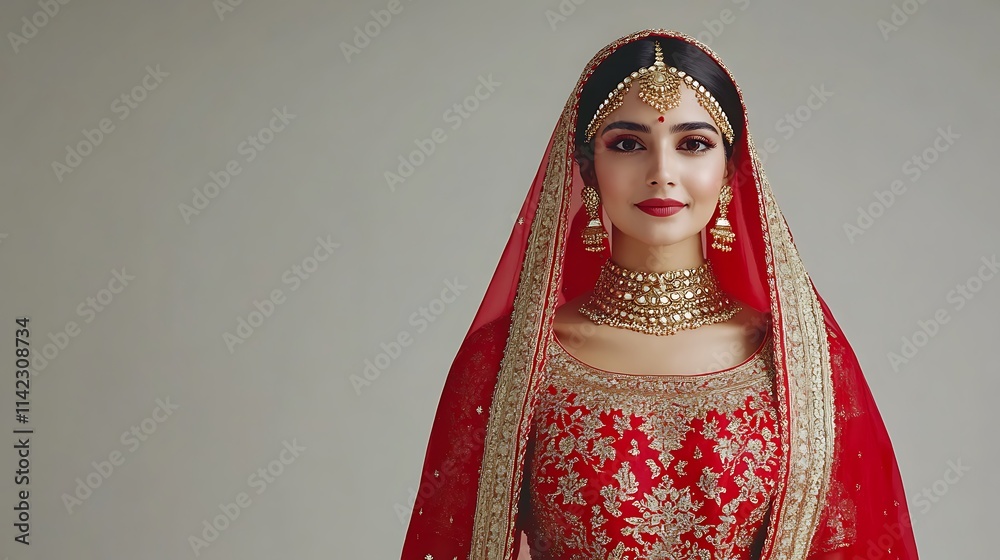 Indian bridal model in red and gold attire for traditional studio photography