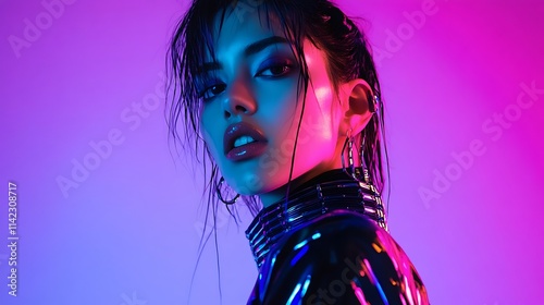 Obraz na płótnie Female model in a futuristic cyberpunk outfit, standing under neon studio lights w salonie