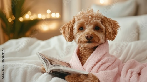 Adorable dog wearing a pink bathrobe sits on a cozy bed, seemingly absorbed in reading a book with a warm, ambient background of soft lighting.