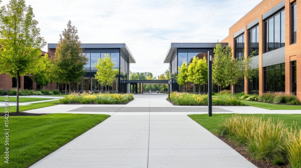 Peaceful modern campus pathway with greenery, trees, buildings, and blue sky in an educational environment Peaceful modern campus pathway with greenery, trees, buildings, and blue sky in an educational environment