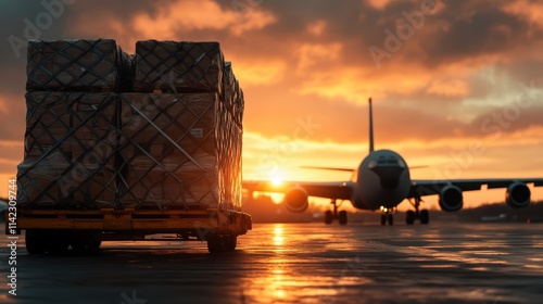 Pallets of cargo are positioned on the tarmac as a plane approaches in the distance at sunset, highlighting the interconnected nature of global shipping and logistics. photo