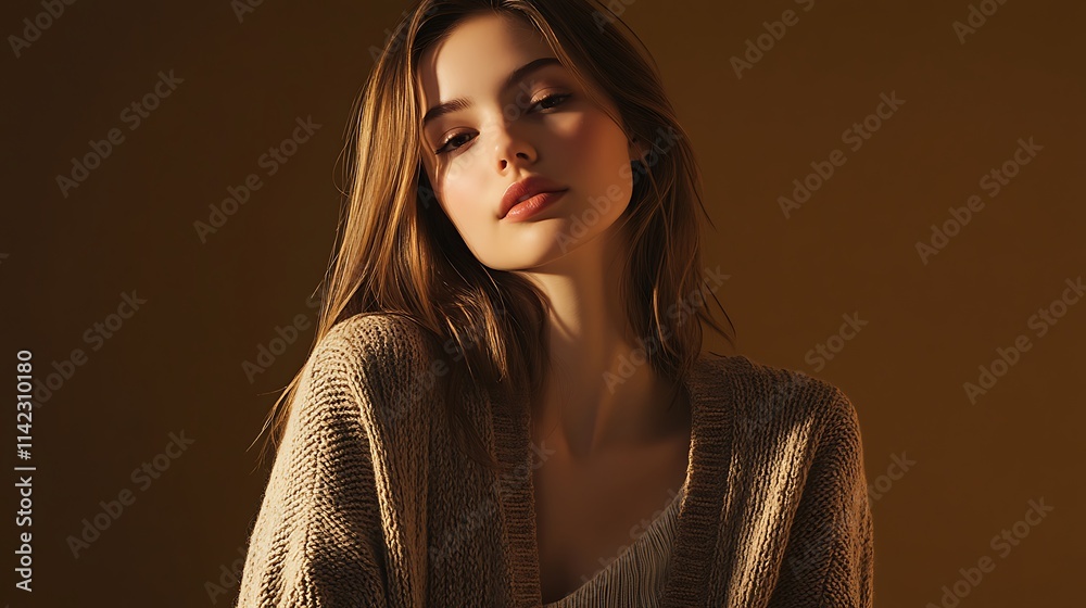 Female model in a soft wool cardigan, posing calmly under warm toned lighting