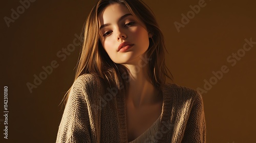 Obraz na płótnie Female model in a soft wool cardigan, posing calmly under warm toned lighting w salonie