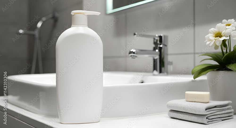Minimalist white label shampoo bottle in a modern bathroom Minimalist white label shampoo bottle in a modern bathroom