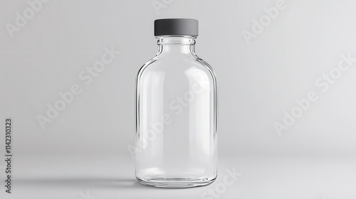 Minimalist concept for mock-up of food packaging bottle. Transparent glass bottle with a gray cap on a light background