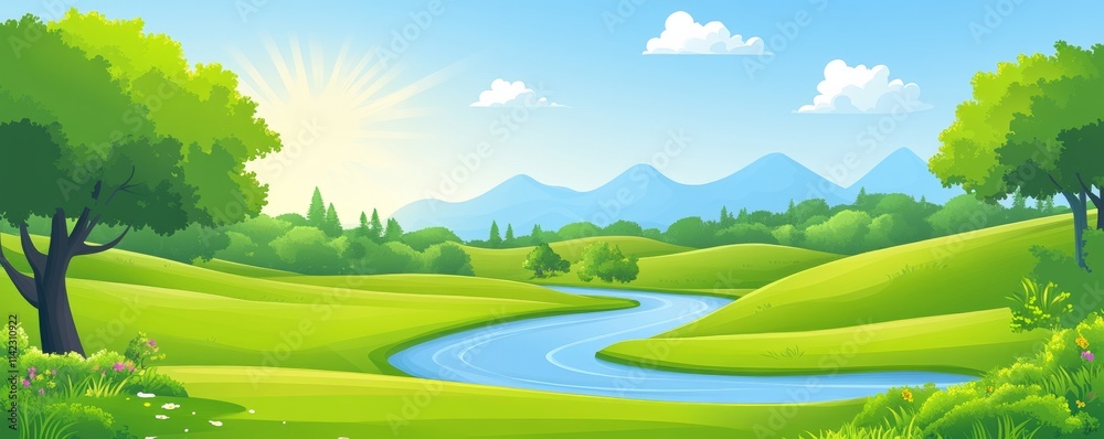 Serene river flowing through green hills at sunrise