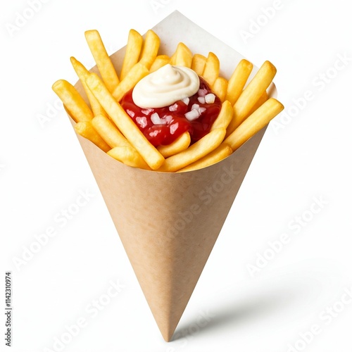 Eine klassische Portion Pommes Spezial mit Ketchup, Majo und Zwiebelstücken