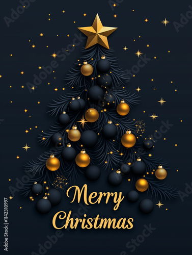 Greeting card with christmas tree. Shiny Christmas-tree decorations, balls, stars and snowflakes on a dark background. Merry Christmas and Happy New Year.