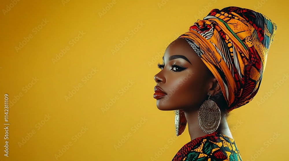 Female model in traditional African attire, with bold colors and artistic lighting