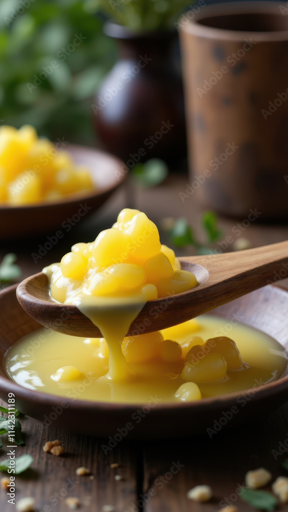 A wooden spoon stirring a bowl of melted butter with herbs on the counter. A wooden spoon stirring a bowl of melted butter with herbs on the counter.