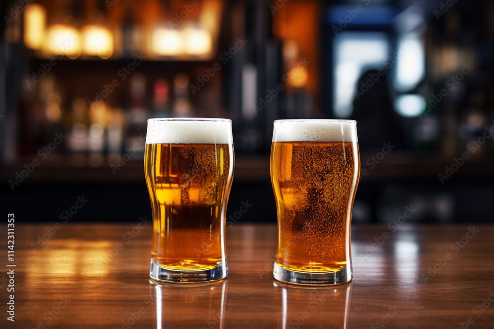 Deux verres de bière dorée avec une mousse légère sont posés sur un comptoir en bois, avec un fond flou évoquant l'ambiance chaleureuse d'un bar. Deux verres de bière dorée avec une mousse légère sont posés sur un comptoir en bois, avec un fond flou évoquant l'ambiance chaleureuse d'un bar.
