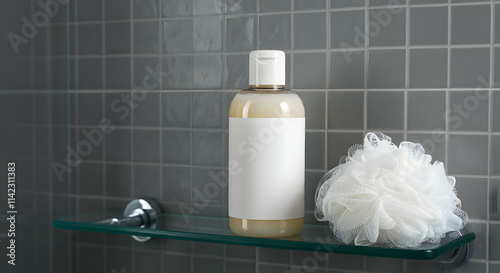 White label body wash bottle in a refreshing shower setup photo