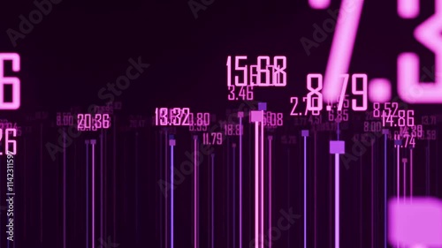 Neon pink and purple numbers of different sizes float with vertical light beams. Dynamic financial or data visualization against dark background. Perfect for stock market or statistics concepts. Loope