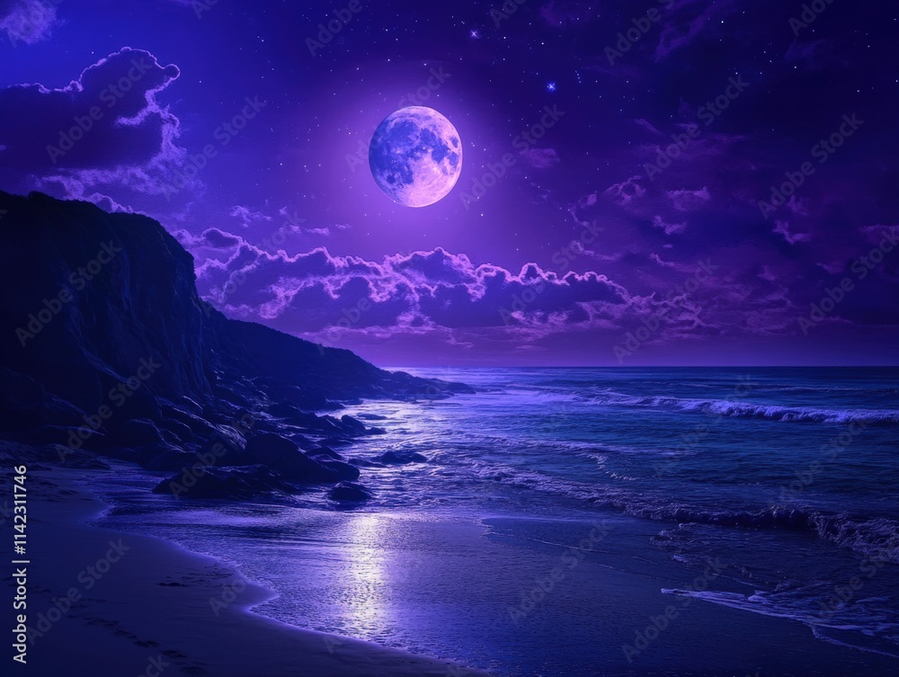a full moon over a night beach with waves and clouds a full moon over a night beach with waves and clouds