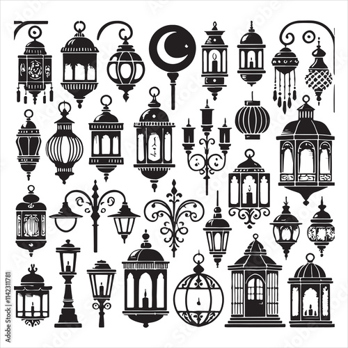 Stylized Lantern Silhouette Set with Hanging Lamps, Chandeliers, and Street Lantern Designs