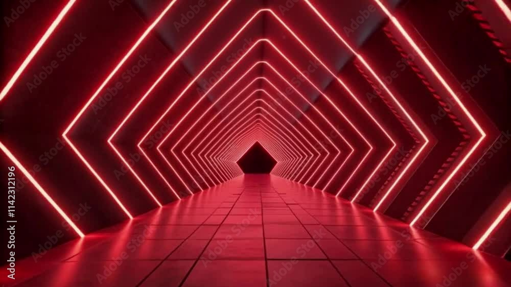Futuristic red neon tunnel transforming and shrinking