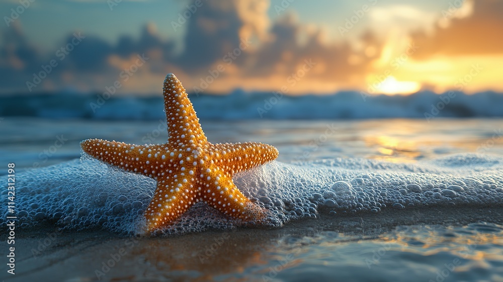 Orange Starfish On Beach At Sunset Orange Starfish On Beach At Sunset
