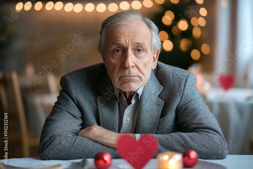 Elderly man with a serious expression seated at a table with heart decorations in a festive restaurant setting photo
