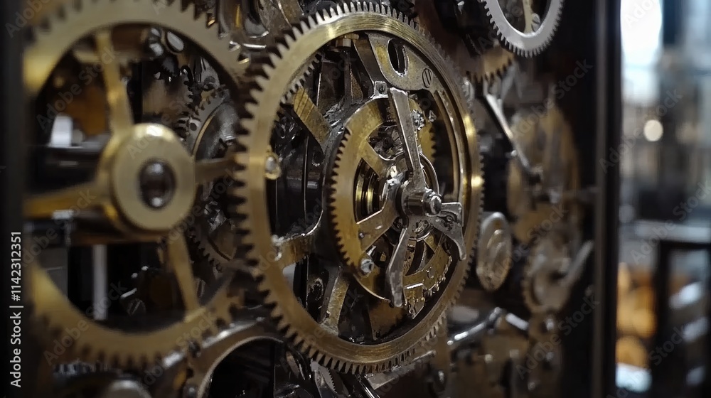 Intricate Clockwork Mechanism: Golden gears interlock in a mesmerizing display of precision engineering, showcasing the beauty of intricate mechanics and the complexity of time. 