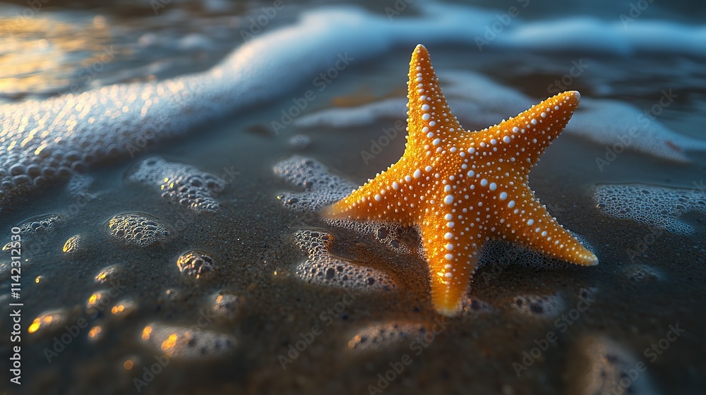 Orange Starfish on Sandy Beach in Gentle Waves Orange Starfish on Sandy Beach in Gentle Waves