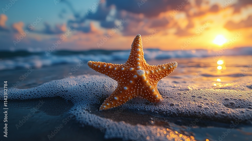 Starfish on Beach at Sunset Ocean Waves