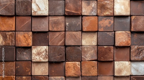 A complex stone mosaic wall showcasing square tiles in earthy tones, with rich textures and diverse hues that create a dynamic and tactile visual appeal. photo