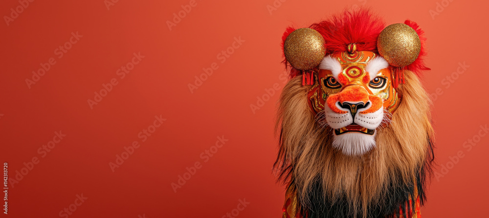Obraz premium Lion dance figure with bold gold and red tones on orange background