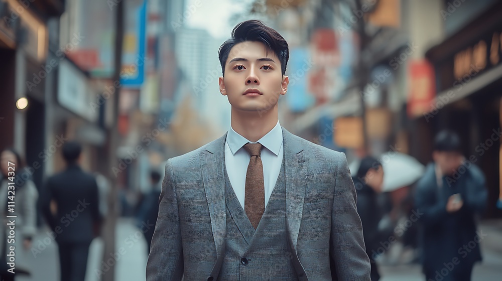 Chinese male model in modern suit, walking in a bustling street in Shanghai