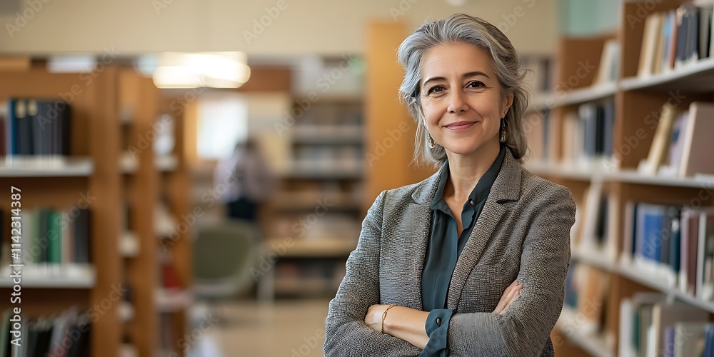 Female ethics professor standing confidently in a university office with a warm smile