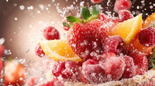 A picturesque presentation of a tart heaped with strawberries, oranges, and raspberries, showcasing a dramatic splash and highlighting freshness and energy. photo