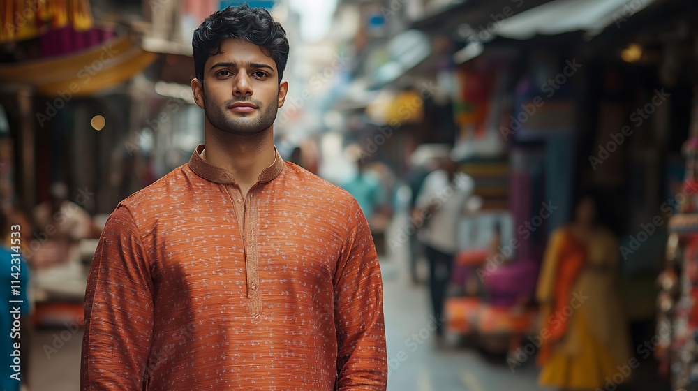 Indian male model wearing a kurta, standing on a bustling street in Mumbai, with a vibrant city background