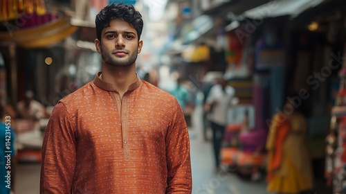 Indian male model wearing a kurta, standing on a bustling street in Mumbai, with a vibrant city background photo