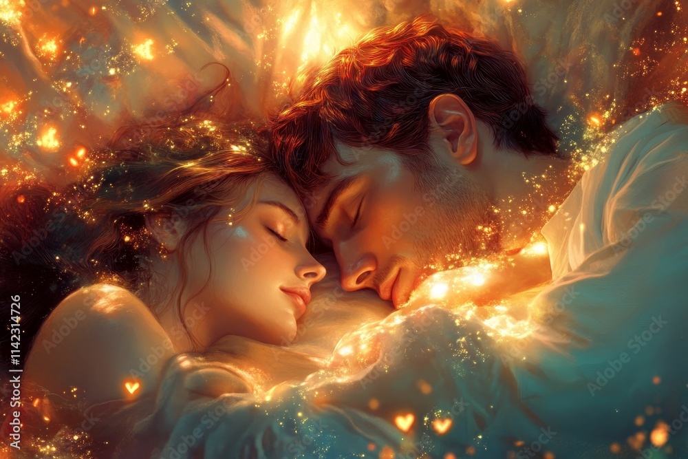 Sleeping couple embraced, glowing light, dreamy scene. Sleeping couple embraced, glowing light, dreamy scene.