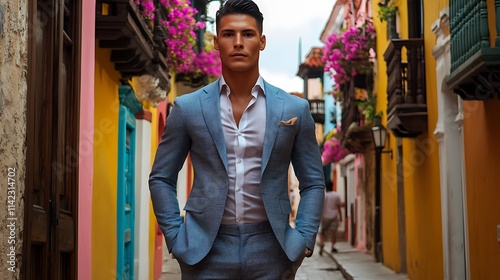 Colombian male model in tailored suit, posing in front of colorful Cartagena streets, fashionable portrait
