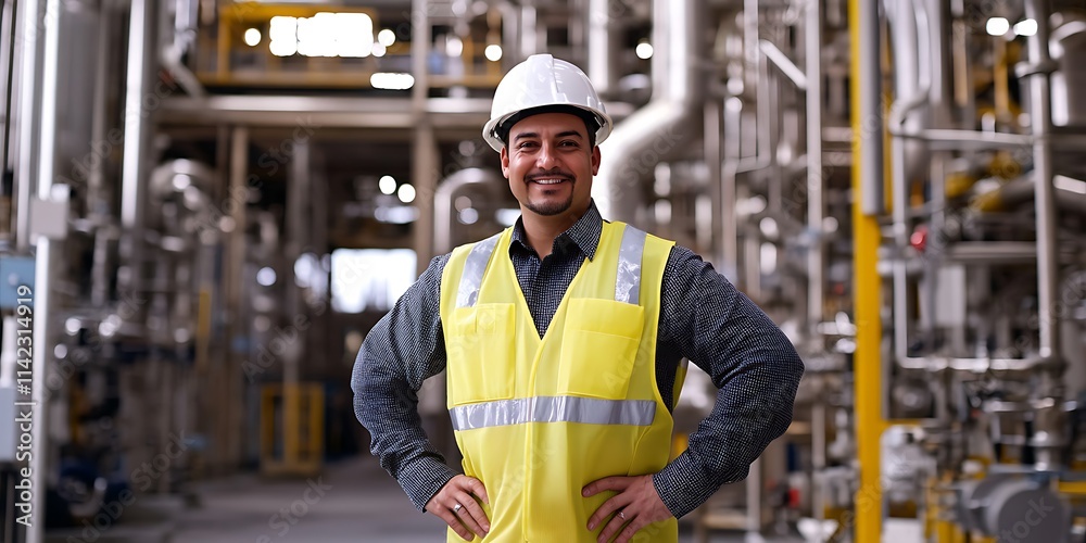 Male engineer in a large industrial plant, hands on hips, ready to lead, with copy space