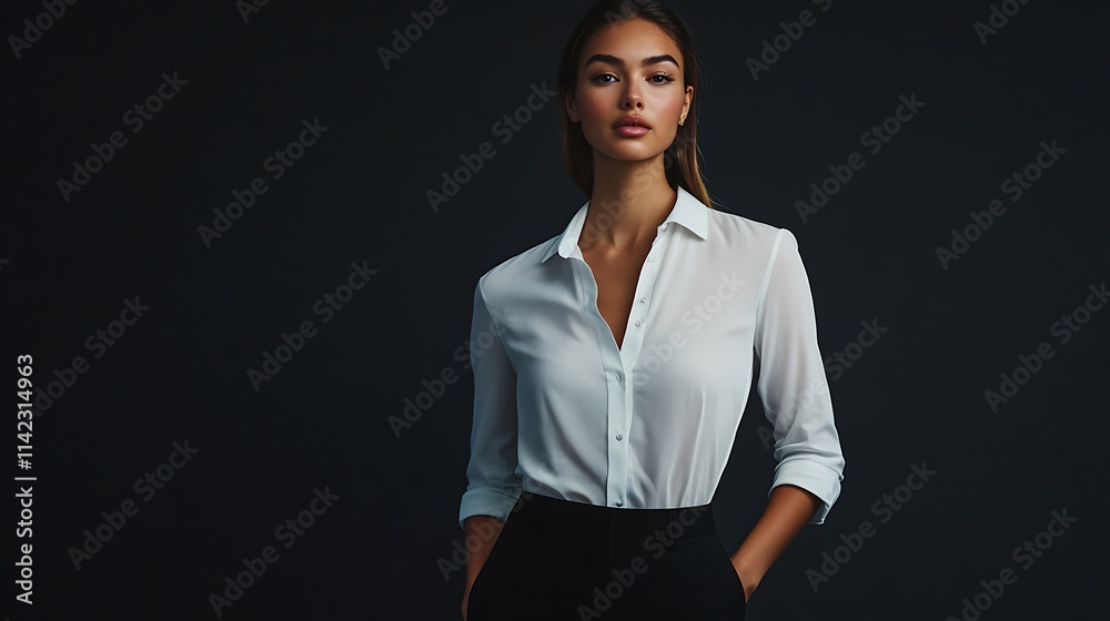 Female model in sleek white shirt and black pants, minimalist lighting,