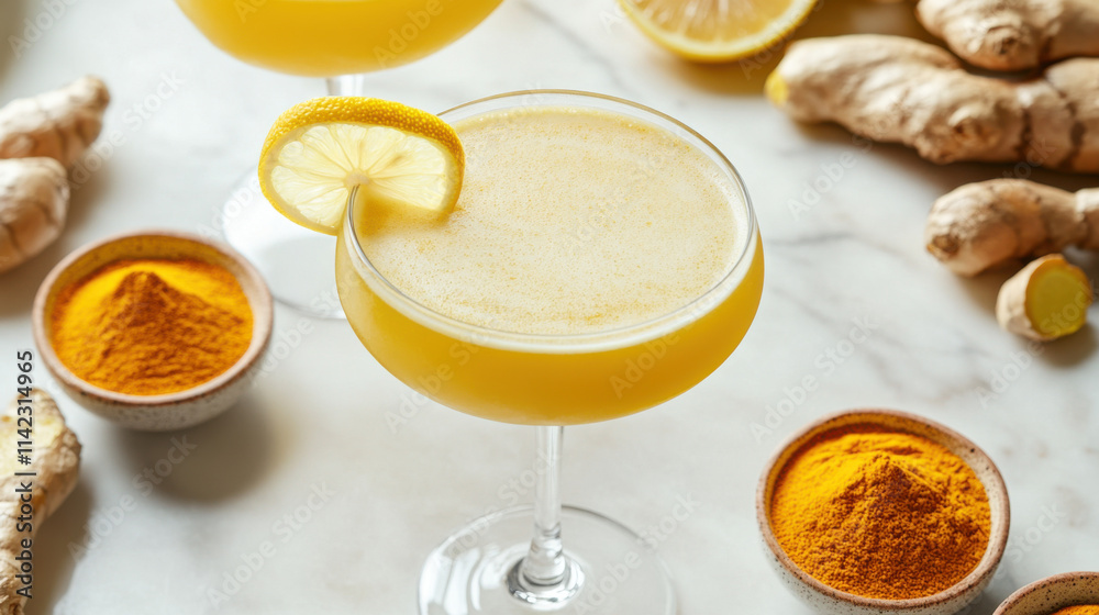 Turmeric whiskey sour cocktails with lemon twist and fresh ginger in a minimalistic flat lay setting