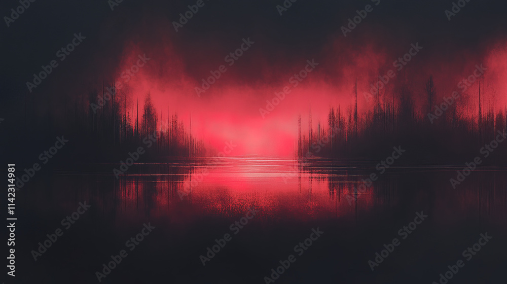 Obraz premium moody red and black gradient landscape reflecting on water, evoking mystery