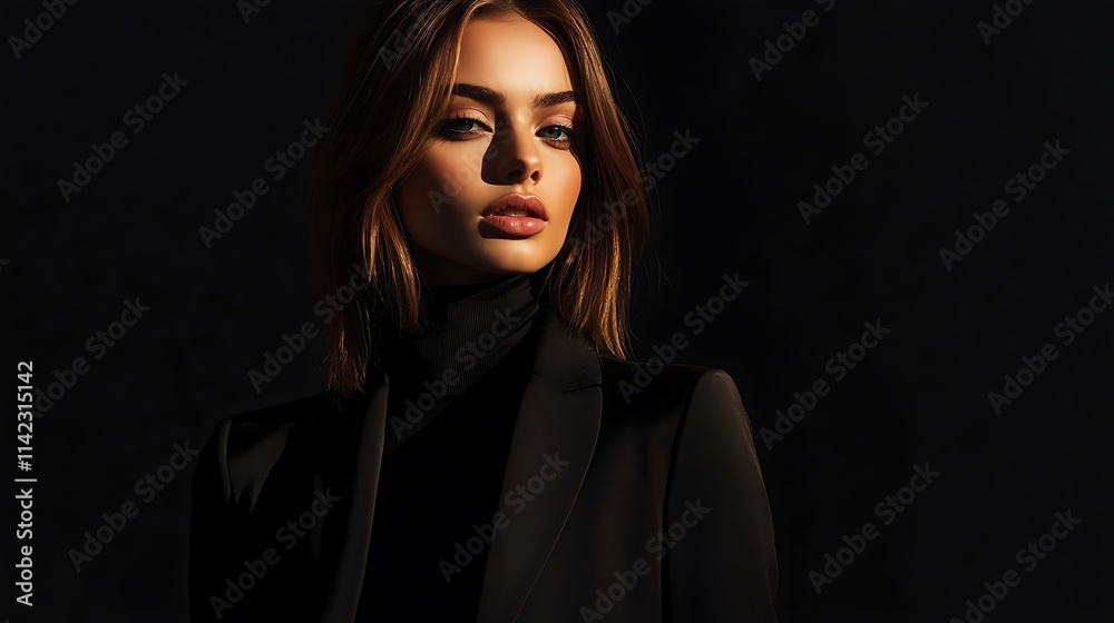 Female model in a chic all black outfit, standing confidently in front of modern, edgy lighting effects