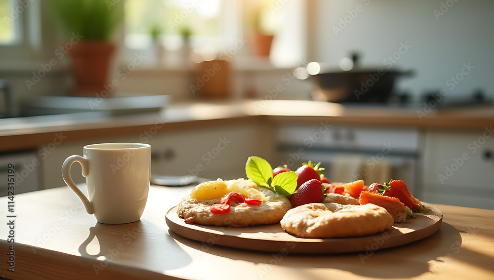 A set of breakfast food and a cup of coffee sits on the kitchen table with cooking utensils nearby._00002_ A set of breakfast food and a cup of coffee sits on the kitchen table with cooking utensils nearby._00002_